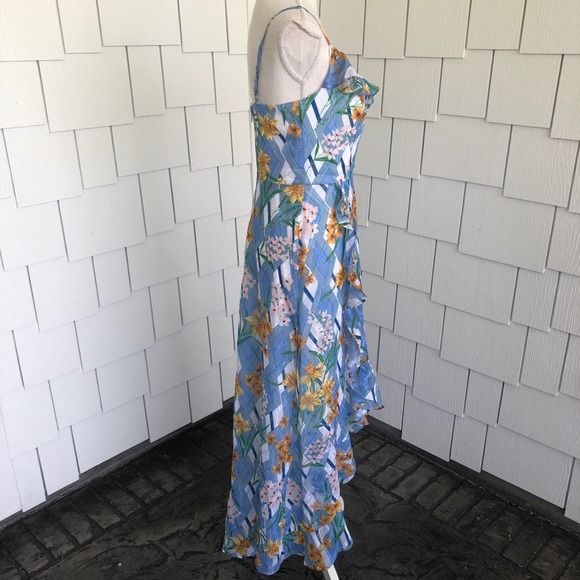 KENSIE Women's Blue/Yellow Floral Print Sleeveless Hi-Low Ruffle Hem Dress - Picture 4 of 6